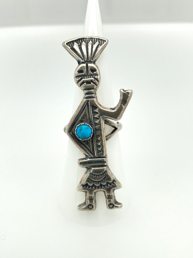 Vintage Large Navajo Kachina Sterling Silver Turquoise Ring Sz 7.5 Native American image 4