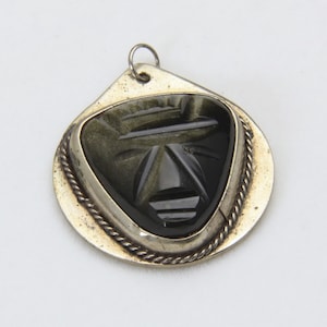Vintage Carved Obsidian Aztec God Head Necklace Pendant Tlaloc Mexico