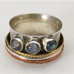 Vintage Artisan Spinner Ring Labradorite Textured Silver Copper Brass Size 9 image 4