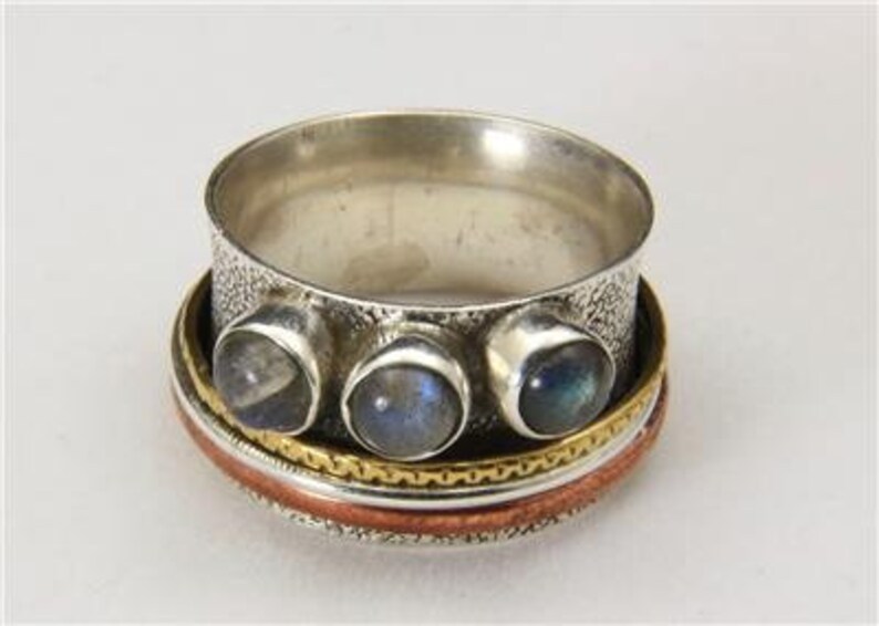 Vintage Artisan Spinner Ring Labradorite Textured Silver Copper Brass Size 9 image 4