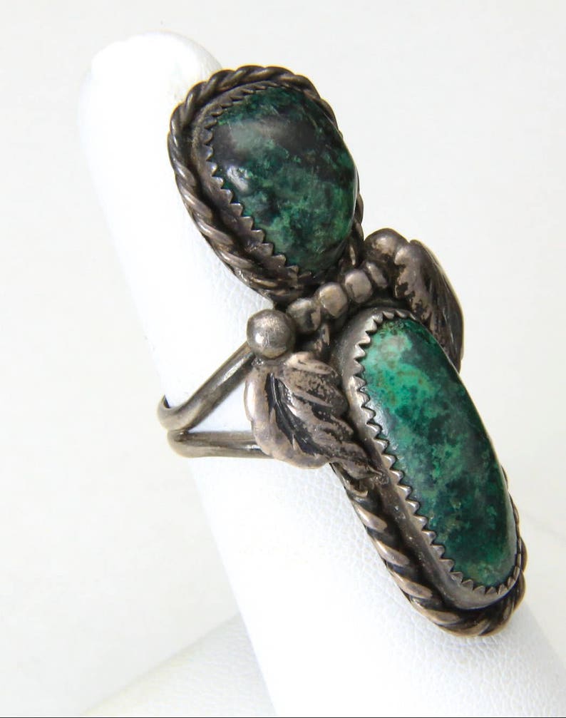 Vintage Long Sterling SIlver & Double Malachite Stone Ring Size 7 Southwestern image 1