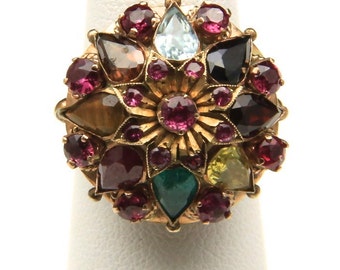 Vintage 14k Yellow Gold & Multiple Gemstone Flower Ring Sz 4.5 Ruby Emerald Plus Princess