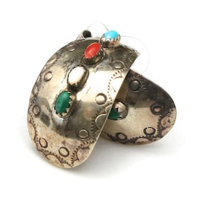 Vintage Half Hoop Sterling Silver & Multiple Stone Earrings Southwestern Signed