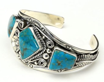 Sterling Silver & Three Stone Turquoise Cuff Bracelet Artisan Made Southwestern