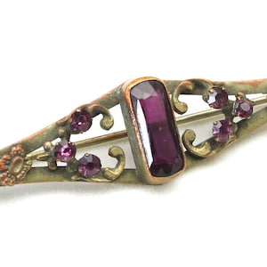 Vintage Victorian Brass Flower and Amethyst Glass Gem Bar Brooch Pin