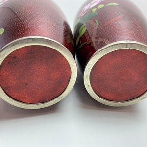 Vintage Pair Japanese Red Pigeon Blood Cloisonne Enamel Vase Rose Bamboo Bird image 7