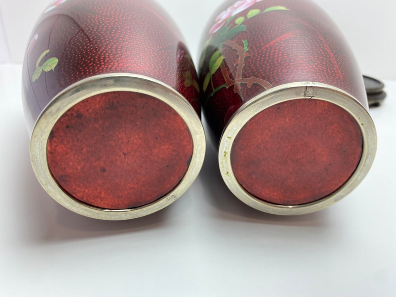 Vintage Pair Japanese Red Pigeon Blood Cloisonne Enamel Vase Rose Bamboo Bird image 7