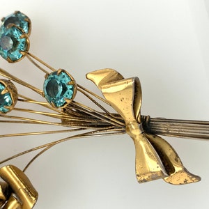 Vintage Sterling Silver Gold Wash Aqua Rhinestone Flower Bouquet Pin Brooch Retro image 7