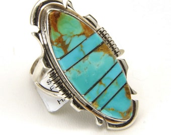 Amazing Steve Francisco Turquoise Inlay Sterling Silver Ring Signed Sz 9.25