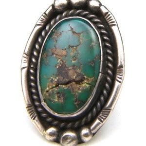 Anillo ovalado grande de plata esterlina y turquesa verde Vintage Navajo Sz 5 Artisan