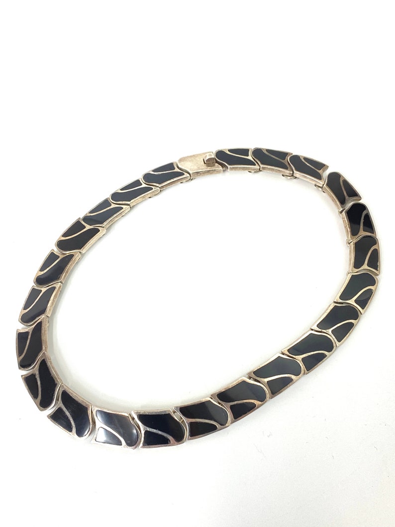 Vintage Taxco 950 Sterling Silver Black Onyx Inlay Hinged Modern Necklace TL-105 image 3