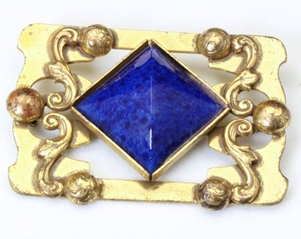 Vintage Art Nouveau Grande tom de ouro azul arte broche de vidro alfinete bronze bronze