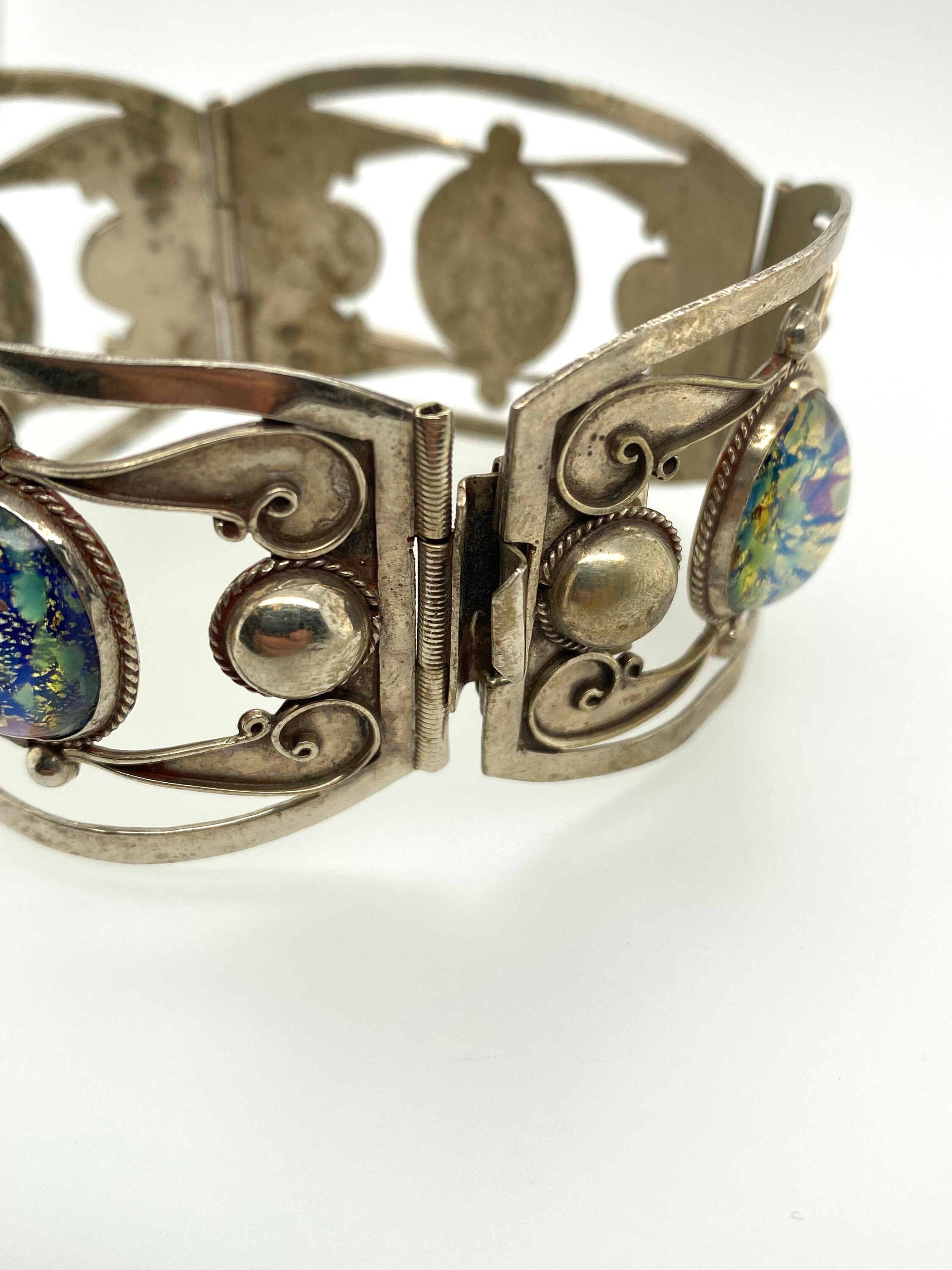 Vintage Taxco Mexico Confetti Opal Glass Sterling Silver Hinged