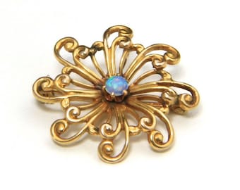 Vintage 10k Yellow Gold & Opal Flower Spiral Pendant or Brooch