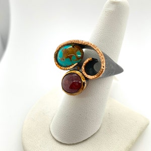 Artisan Modernist Blue Turquoise & Tourmaline Sterling Silver Swirl Ring Sz 7.5 image 2