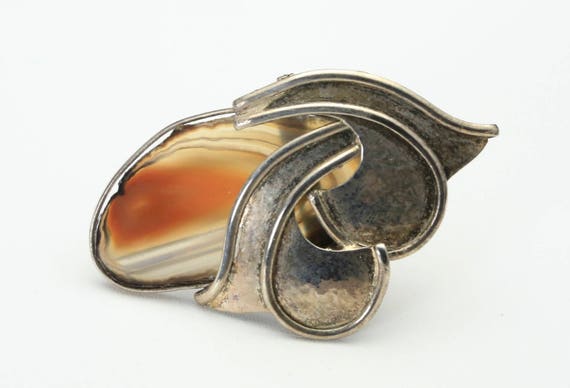 Vintage Handmade Silver and Agate Stone Slice Pin… - image 1