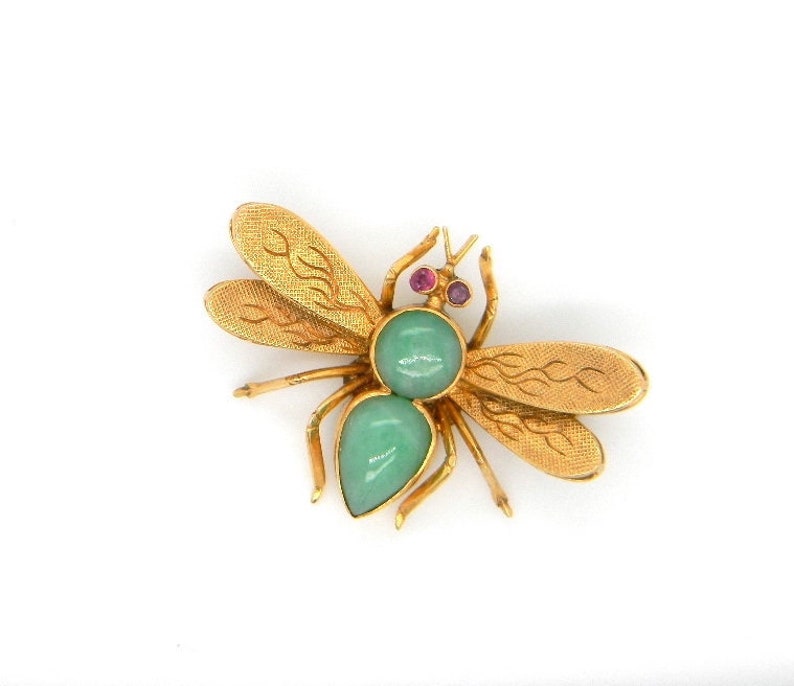 Vintage 14k Yellow Gold Jade Ruby Fly Insect Bee Pin Brooch Statement Hallmarked image 1