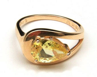 Vintage Modernist Sterling w/ Gold Overlay Yellow Cubic Zirconia Ring Sz 10.25