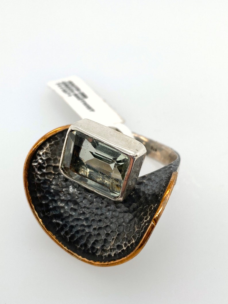 Artisan Abstract Modernist Green Amethyst Textured Sterling Silver Ring Sz 7.5 image 5
