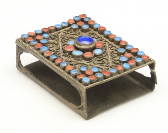 Vintage Antique Brass Filigree Coral Turquoise Glass Match Box Cover Nepal Tibet