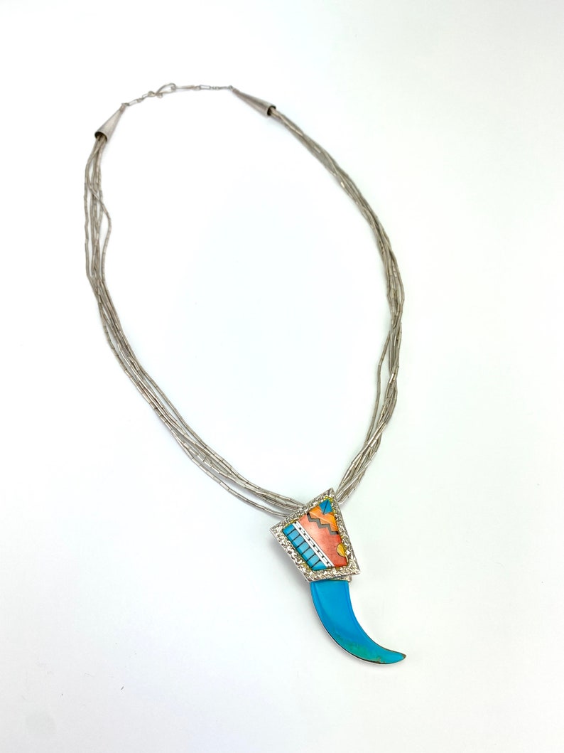 Vintage Navajo Turquoise Spiny Oyster Inlay Bear Claw Sterling Silver Necklace image 3