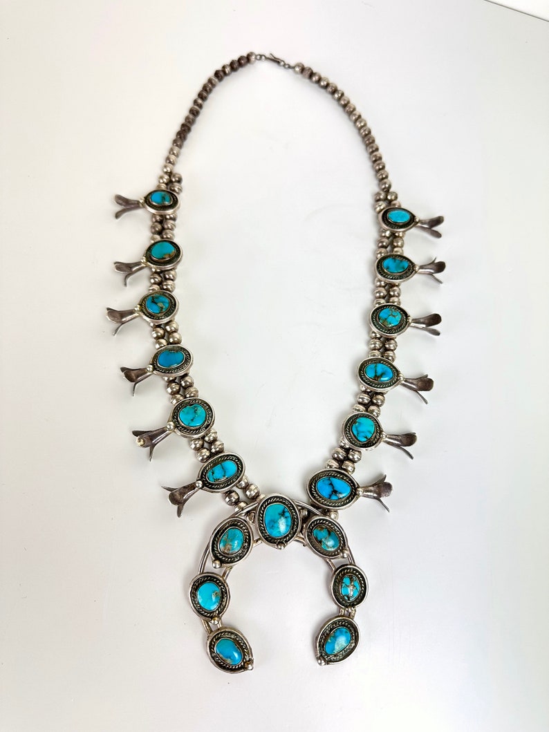 Vintage Navajo Old Pawn Turquoise Sterling Silver Squash Blossom Naja Necklace image 2