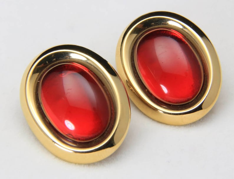 Vintage Monet\u00a9 Gold Tone and Large Red Cabochon Clip Earrings Retro