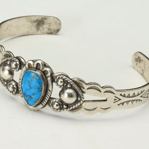 Vintage Fred Harvey Era Stamped Sterling Silver w/ Turquoise Stone Cuff Bracelet
