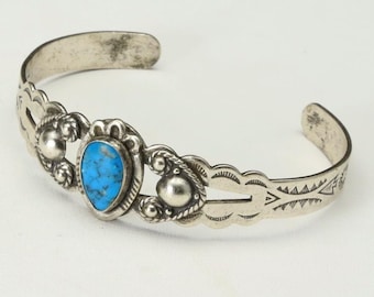 Vintage Fred Harvey Era Stamped Sterling Silver w/ Turquoise Stone Cuff Bracelet
