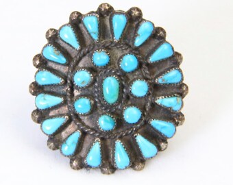 Vintage Zuni Large Face Turquoise Petit Point Sterling Silver Ring Sz 7.25