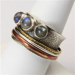 Vintage Artisan Spinner Ring Labradorite Textured Silver Copper Brass Size 9 image 2