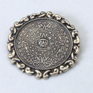 VIntage Sterling Silver Mayan Aztec Sun Calendar Pendant Pin Mexico Eagle Signed