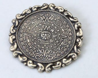 VIntage Sterling Silver Mayan Aztec Sun Calendar Pendant Pin Mexico Eagle Signed