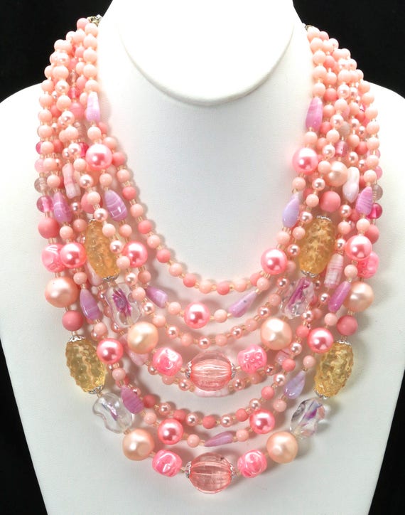 Vintage Eight Strand Multi Shade Pink Beaded Bomb… - image 2