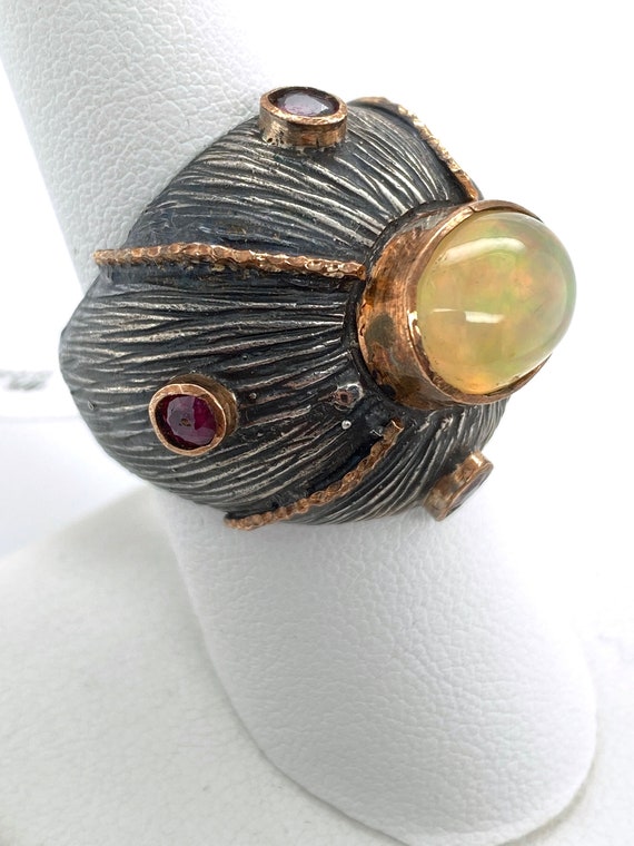 Artisan Abstract Ethiopian Opal Ruby Oxidized Ste… - image 3