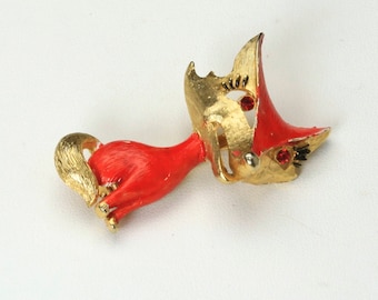 Vintage Enamel Red & Gold Fox Pin Brooch Signed JJ Jonette Cute Animal Jewelry