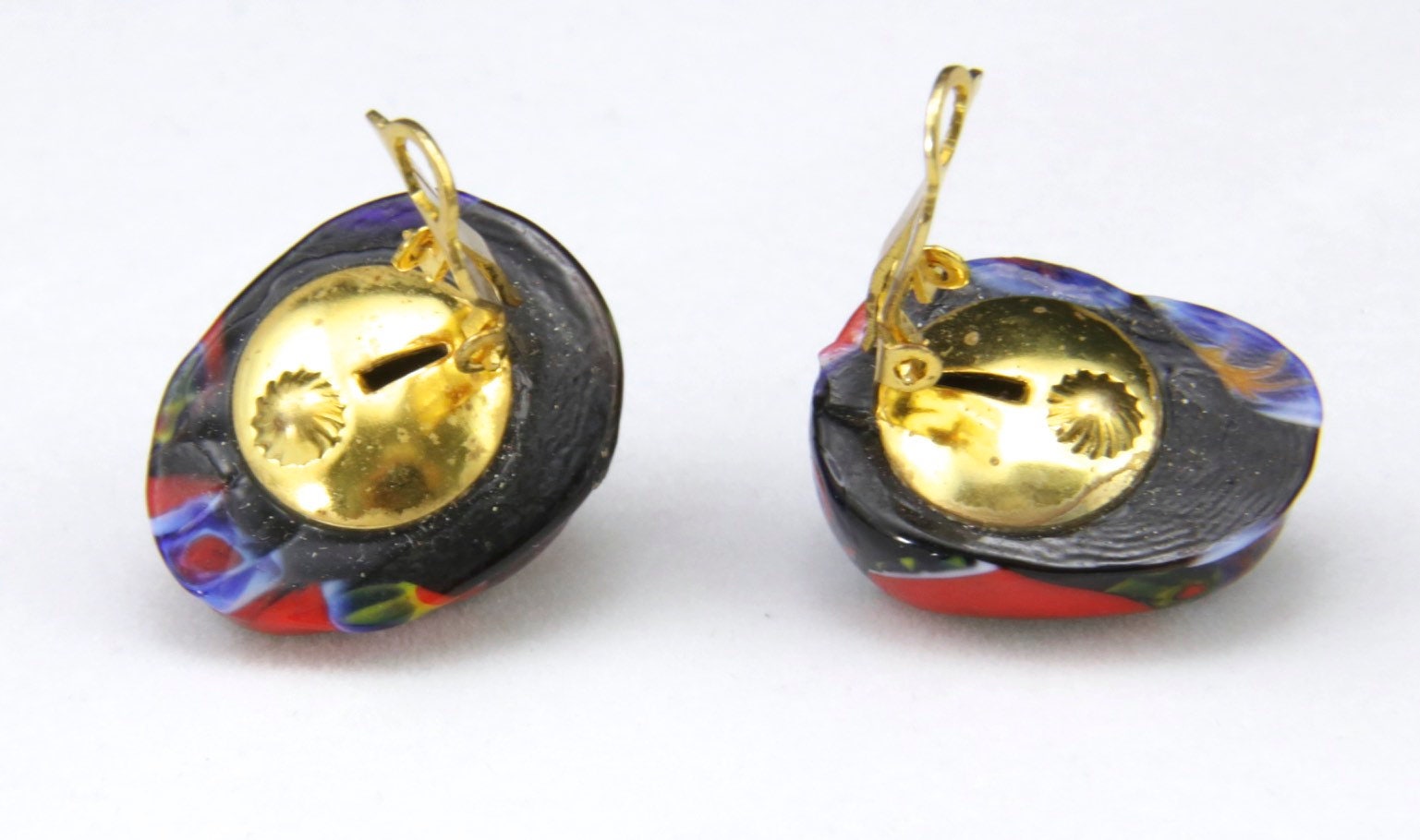 Boucles D'oreilles Vintage Clips En Verre Millefiori (spirale Soleil) - Occasion, Bon état