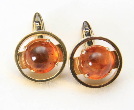 Vintage Gold Tone and Genuine Amber Cabochon Circ… - image 3