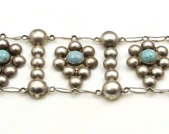 Vintage Taxco Mexico Silver & Turquoise Glass Bead Bubble Link Bracelet