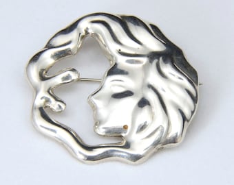 Vintage Taxco Mexico Sterling Silver Woman Flowing Hair Pin Brooch Signed TL-62