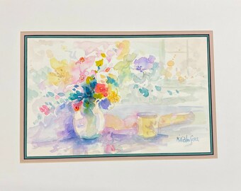 オリジナル ミリー ヴァン シックル 静物画 花 水彩画 サイン入り