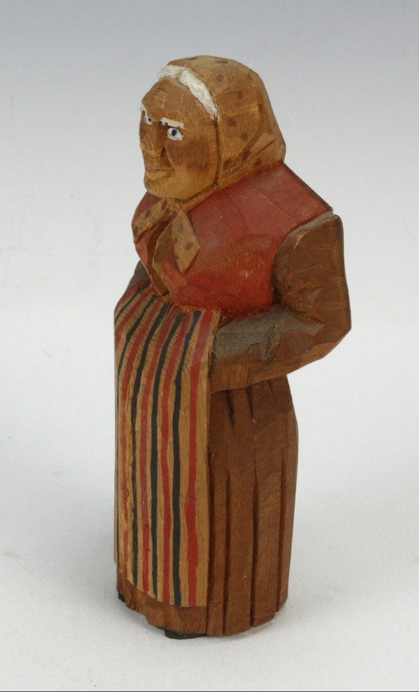 Vtg Hand-carved Wooden Wood Figure Old Woman Lady Sweden