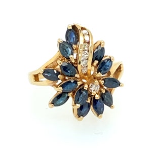 Vintage 14k Yellow Gold Sapphire Diamond Cluster Cocktail Ring Sz 6.5