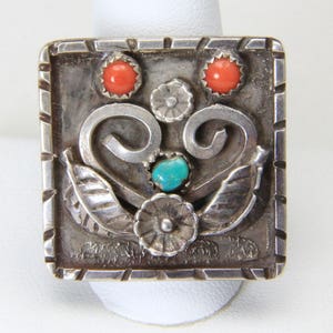 Vintage Unique Large Sterling Silver Square Platform Turquoise Coral Ring Sz 13 image 2