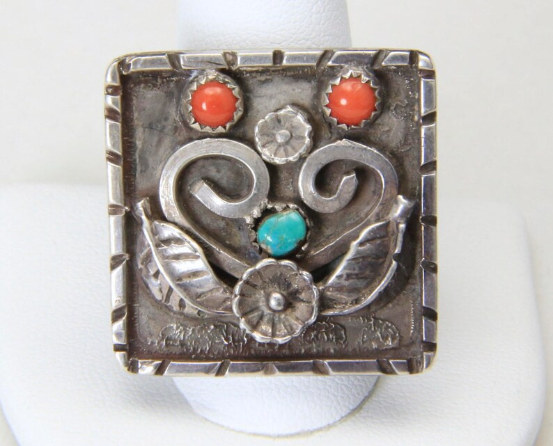 Vintage Unique Large Sterling Silver Square Platform Turquoise Coral Ring Sz 13 image 2