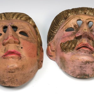 Vintage Pair Hand Carved Guatemalan Festival Mask Early 20th Century Folk Art image 1