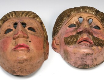 Vintage Pair Hand Carved Guatemalan Festival Mask Early 20th Century Folk Art