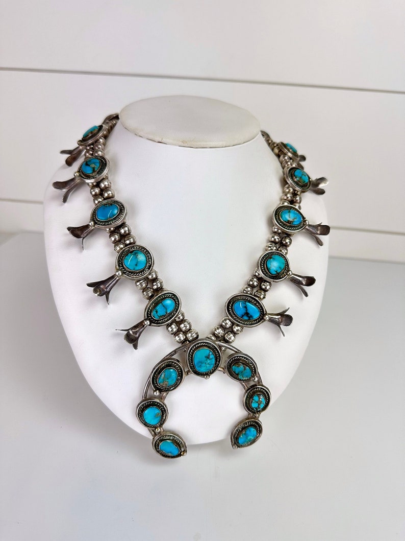 Vintage Navajo Old Pawn Turquoise Sterling Silver Squash Blossom Naja Necklace image 1