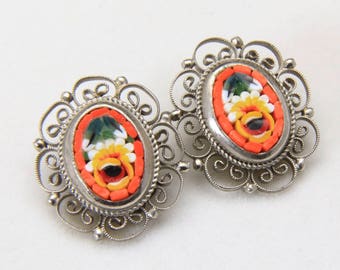 Vintage Silver Tone Filigree Oval Frame Glass Micro Mosaic Flower Clip Earrings