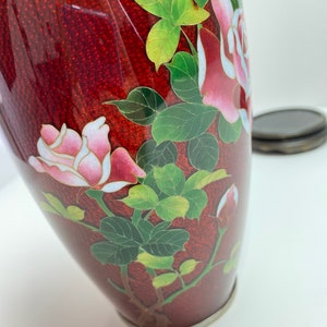 Vintage Pair Japanese Red Pigeon Blood Cloisonne Enamel Vase Rose Bamboo Bird image 5